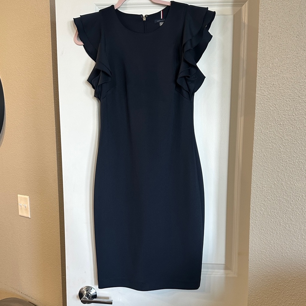 Brand New Tommy Hilfiger Navy Ruffle Sleeve Dress with Tags